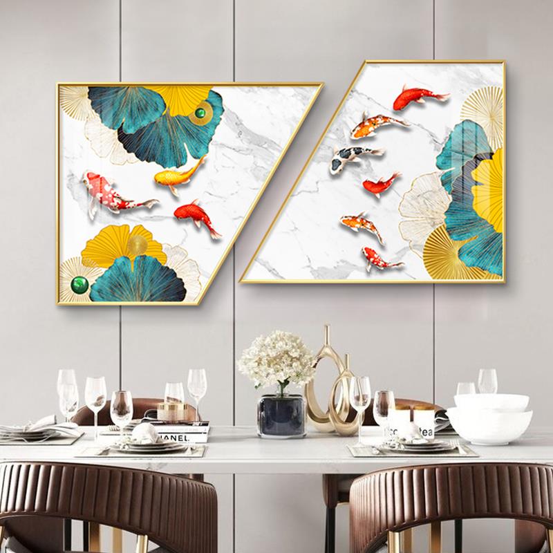 餐厅餐桌装饰画轻奢高档客厅艺术背景墙面壁画简约挂画两联组合鱼图片