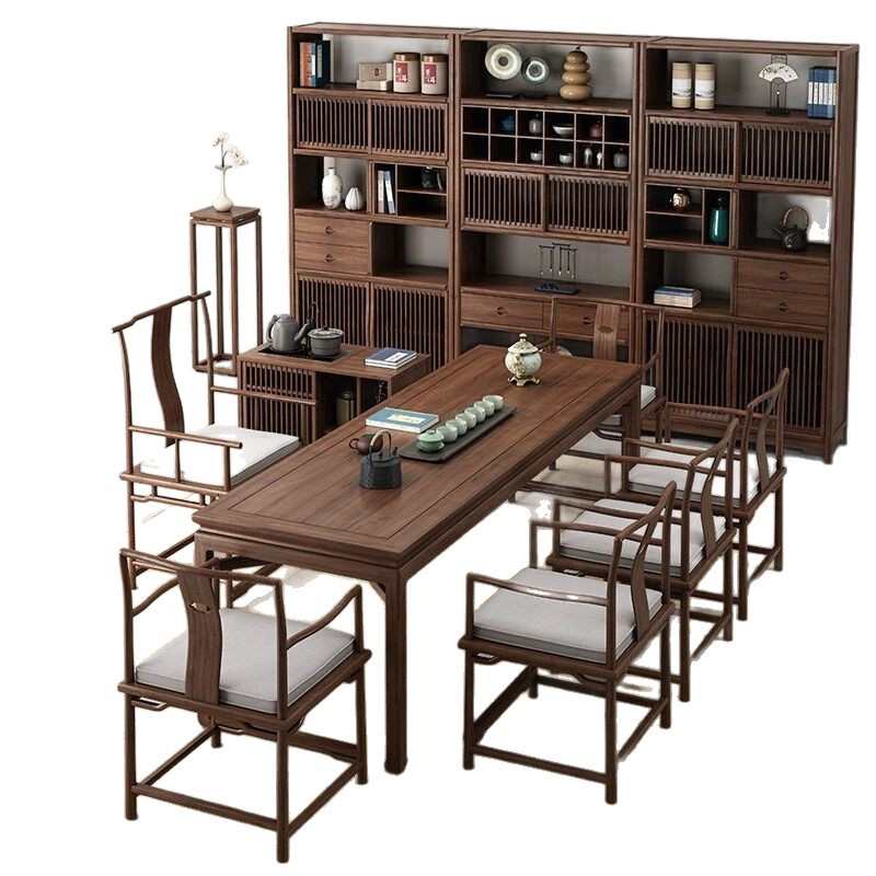 新中式茶桌椅家用泡茶茶台现代简约茶几组合老榆木实木禅意办公室