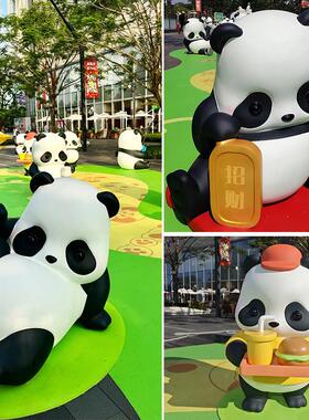 网红签到熊猫雕塑户外玻璃纤维卡通动物装饰摆件商场幼儿园展示地
