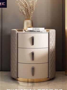 轻奢极简设计师高端实木床头柜圆形简约创意卧室免安装岩板床边柜