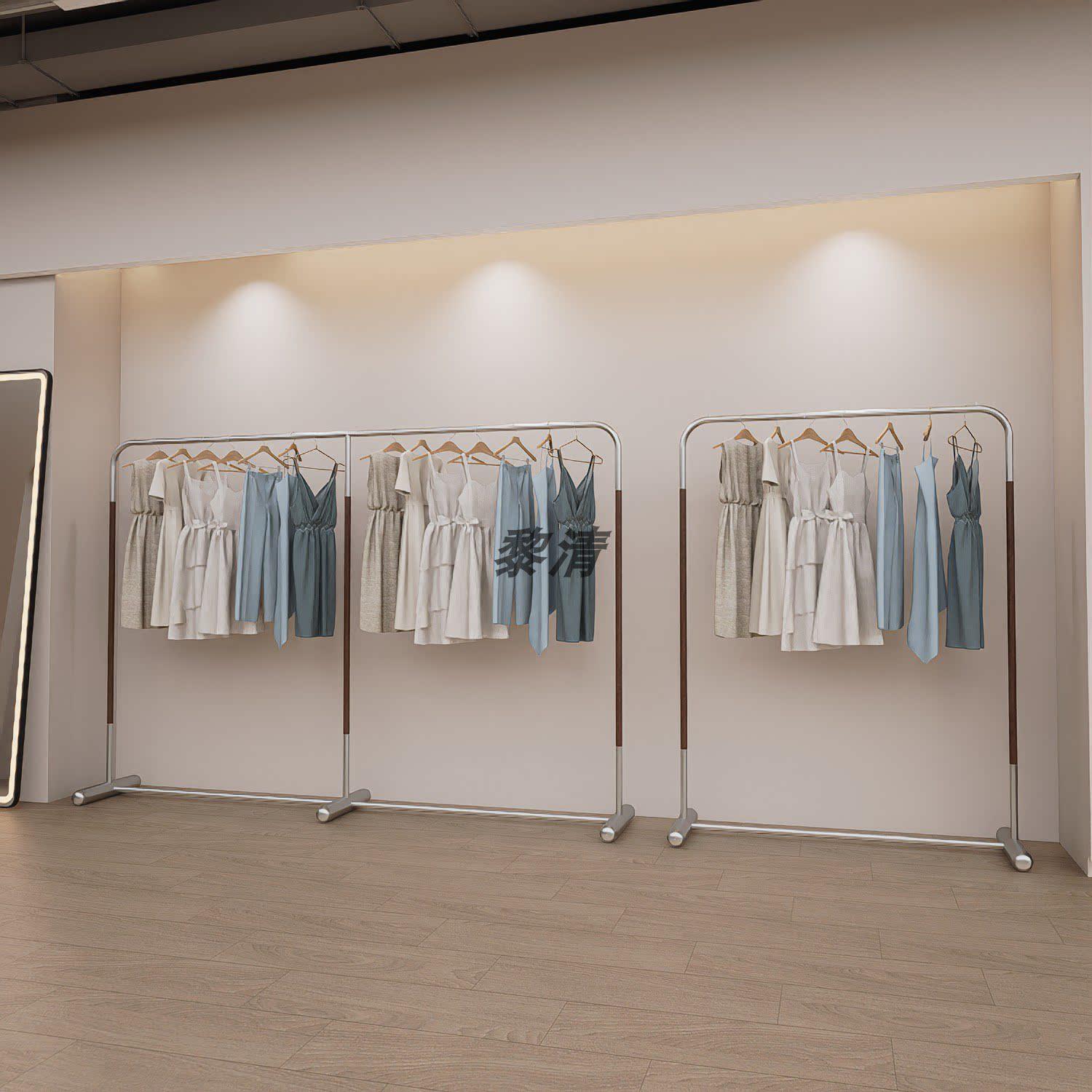 新款不锈钢服装店展示架落地式挂衣服架子男女童装货架实木纹撞色