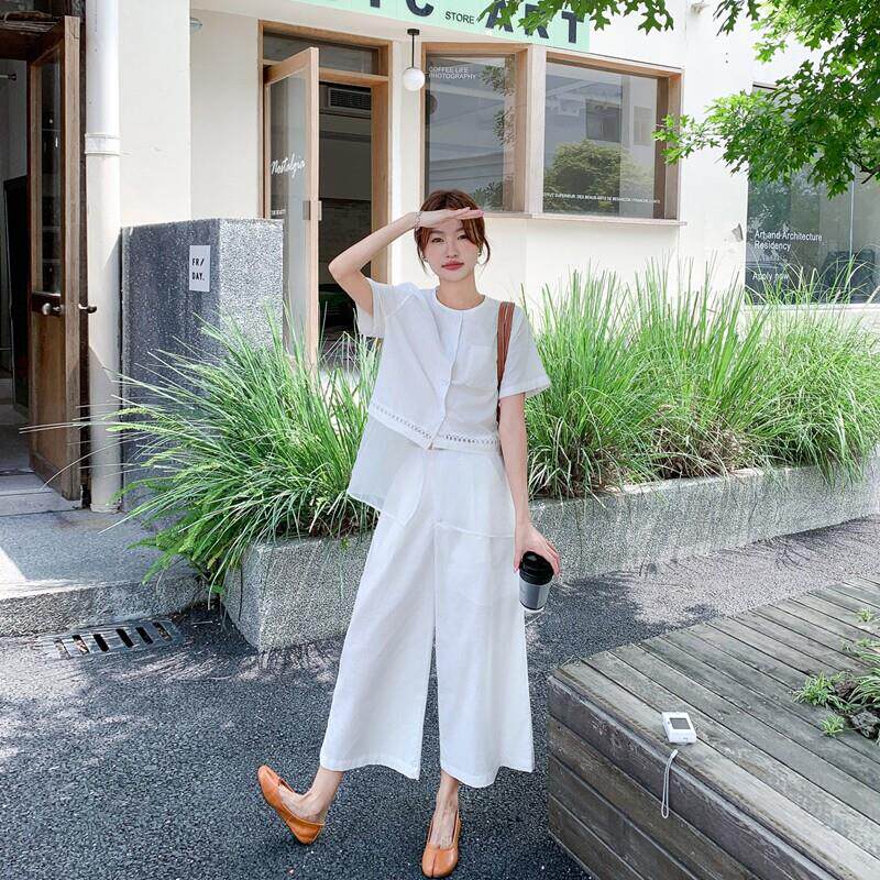 LILY MOST白色网纱拼接短袖上衣套装女夏季新款气质阔腿裤两件套
