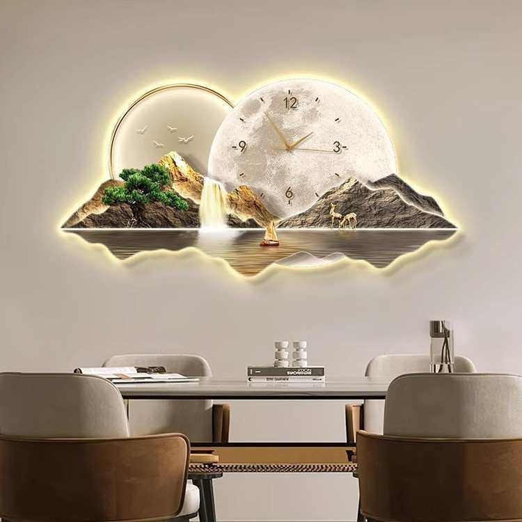 高档饭厅轻背景墙挂画客厅钟表静音灯挂表山水装饰画奢时钟餐厅画,家居饰品,现代装饰画,淘宝优惠券,粉丝福利购,淘宝优惠卷