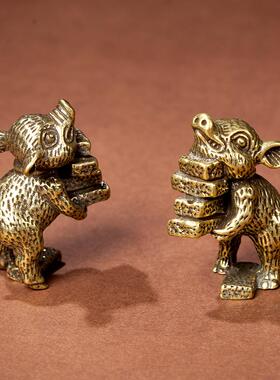 创意复古国潮黄铜十二生肖金砖猪摆件工艺品摆摊仿古铜器