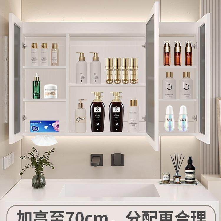 智能浴室镜柜单独挂墙式带灯除雾卫生间镜子实木带置物架收纳