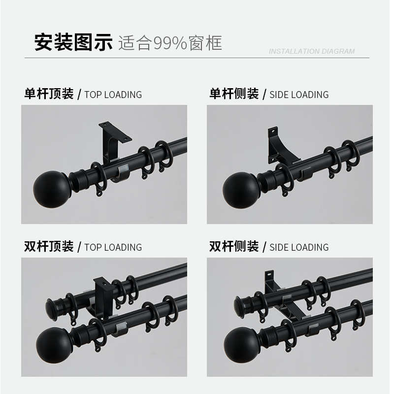 加厚铝合金罗马杆单杆双杆窗帘轨道杆子静音窗帘杆支架送配件侧装