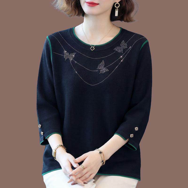 胖女人时尚外穿冰丝针织上衣春季宽松遮肚薄款七分袖桑蚕丝T恤女