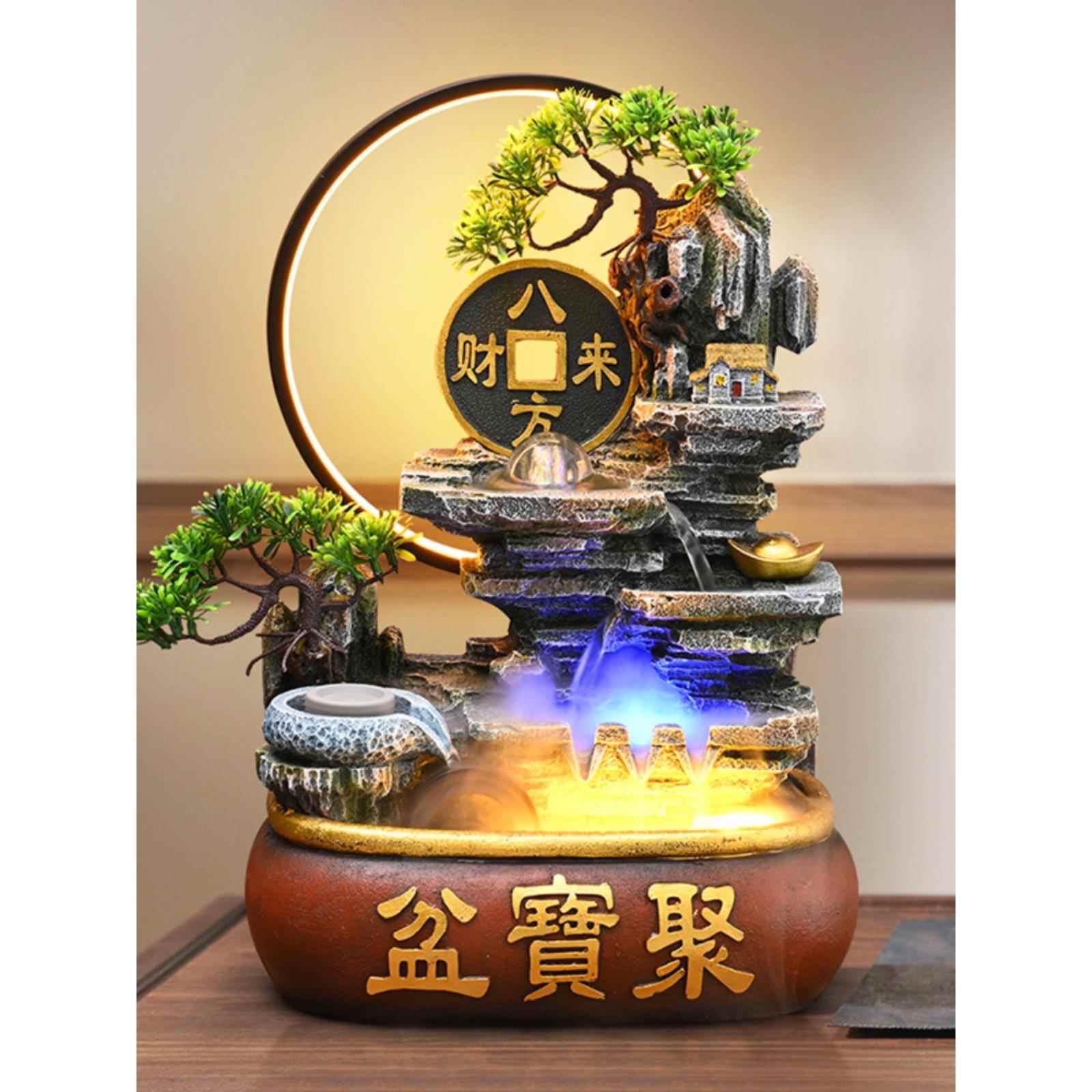 高档山流喷泉水客厅循环假水招景观财风水轮办公室生财桌面装饰品