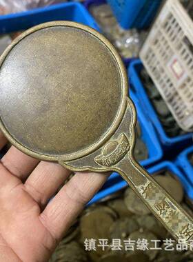 仿古铜镜海戏金蟾铜镜手BDN镜把仿古工民艺黄铜俗工刘艺品龙凤铜