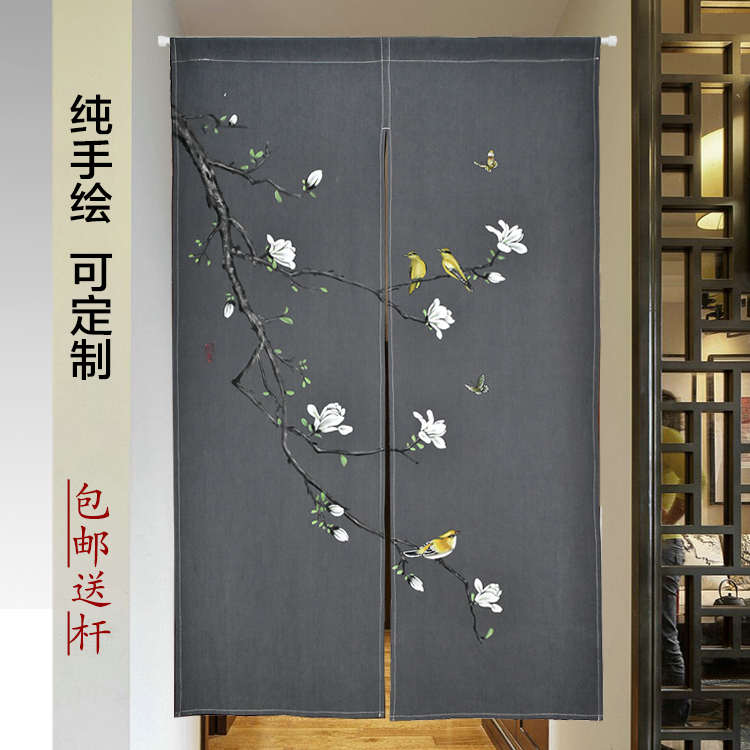 手绘中式门帘棉麻隔断帘中国风亚麻布艺半帘卧室厨房免打孔遮挡
