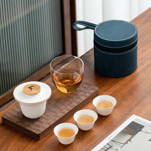 旅行茶具套装 复古简约陶瓷便携式 快客杯一壶三杯家用办公室泡茶器