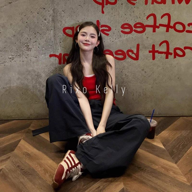 Rixo Kelly百搭设计感红色吊带背心上衣女休闲高腰阔腿裤两件套装