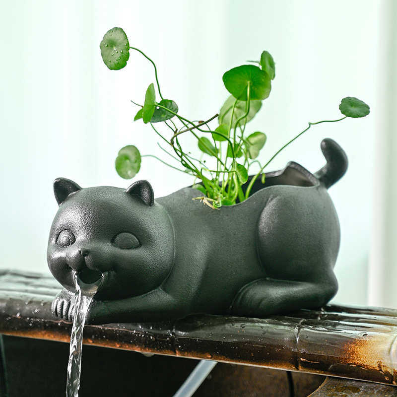 花瓶水培动物喵植生态沼泽水鱼缸星陶瓷人流出水口绿摆件过滤装饰