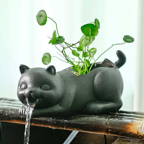 花瓶水培动物喵植生态沼泽水鱼缸星陶瓷人流出水口绿摆件过滤装饰