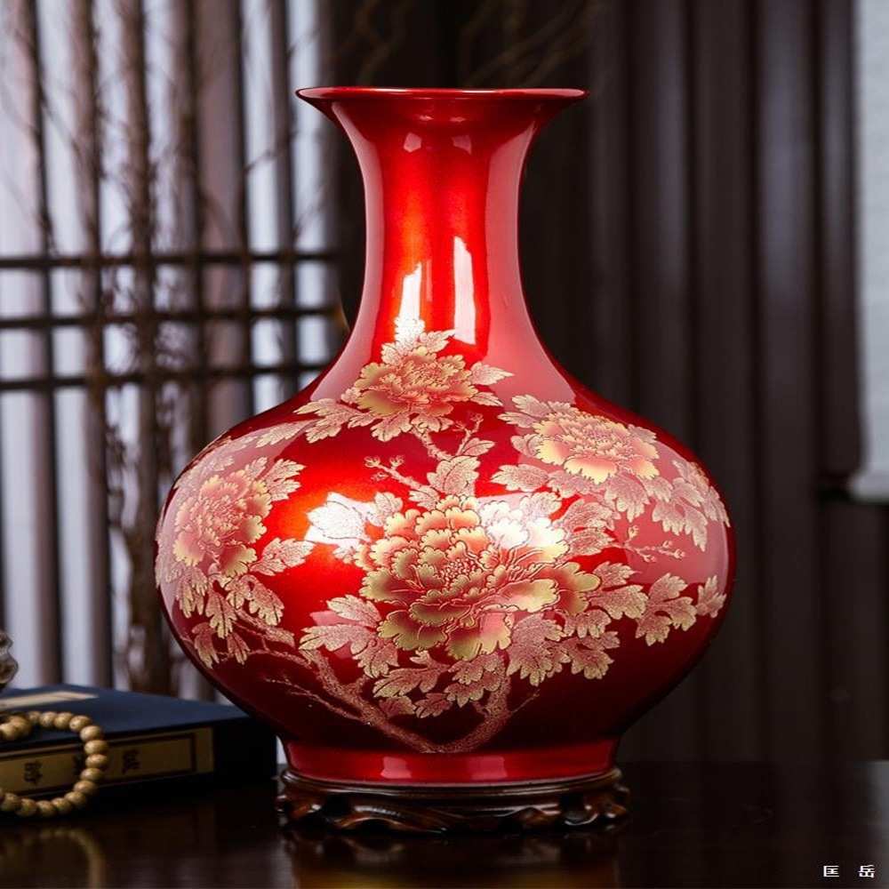 陶瓷器中国现代家居电视柜红色花瓶景德镇擦中式摆件花客厅装饰品