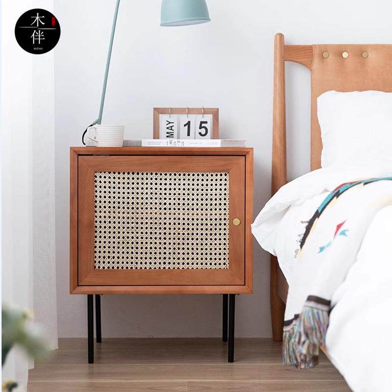 实木床头柜日式藤编储物收纳柜小户型民宿边柜北欧简约现代飘窗柜