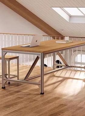 极简铝型材洋板代23145工作台电海脑桌设计师木办桦公桌现大型长