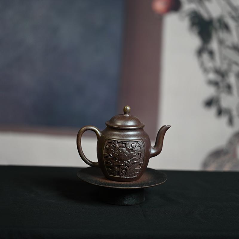 原矿沉香段莲花宫灯300ml纯手工中式浮雕自用宜兴紫砂壶功夫泡茶