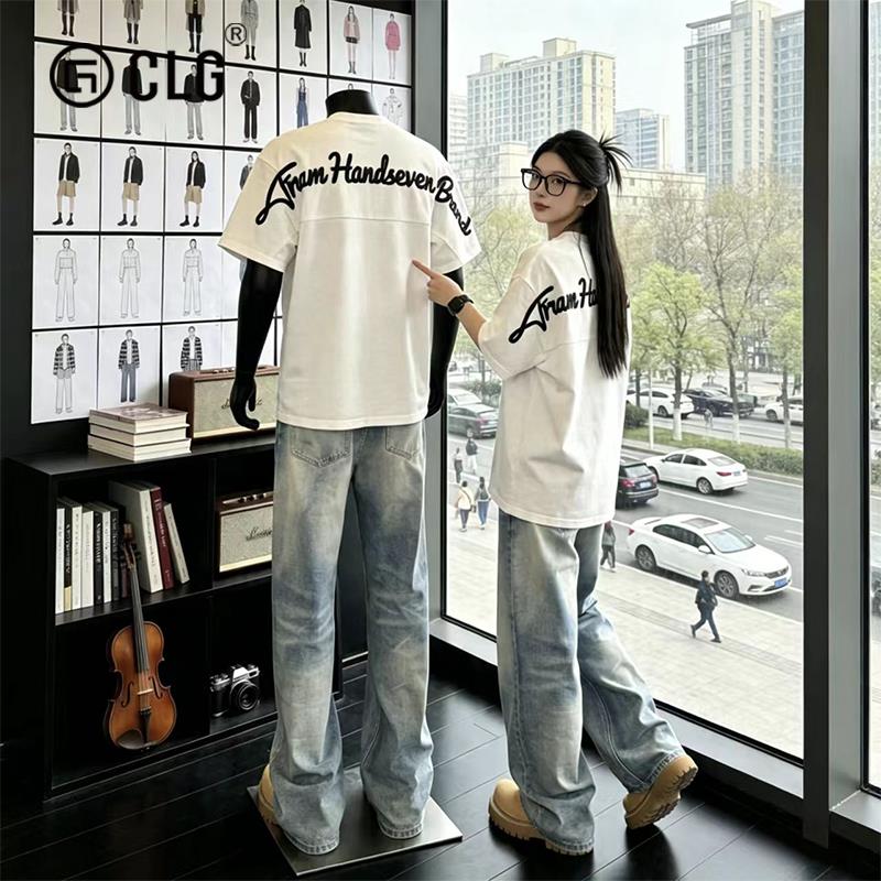 香港CLG潮牌字母印花短袖男女夏季重磅领口白色T恤宽松休闲半截袖