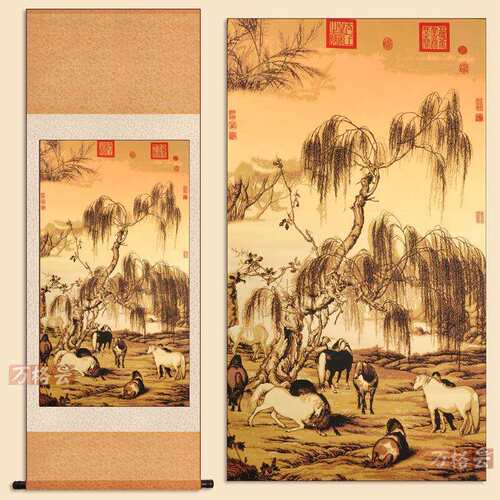 中国风特色蔚县手工剪纸装饰画郎世宁八骏图挂轴画手工艺品送领导
