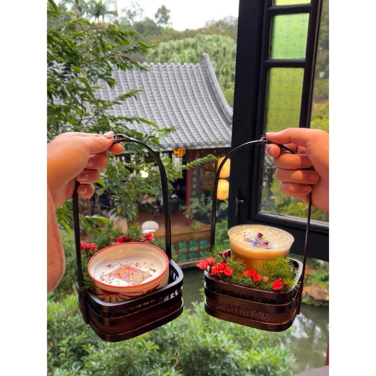 覆古竹编手提漆器食盒多层茶点盒双层串丝带盖茶具收纳花篮提篮