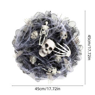 万圣节黑色网纱骷髅头花环壁挂新款 仿真花环鬼节派对布置道具