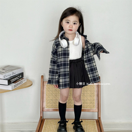 儿童黑色格子衬衣外套2024春季韩版男童女童宽松棉质长袖衬衣