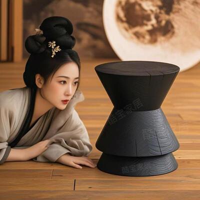侘寂边沙发茶几碳化圆几形木墩子设ghk计凳师风原木民宿简约装饰