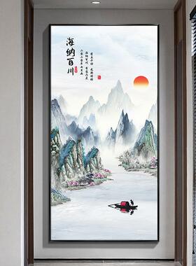 玄关富川山居山水画新中式竖版挂画走廊过道装饰画晶瓷办公室壁画