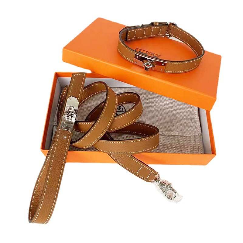 ins宠物用品荔枝纹牛皮质爱马狗项圈中小型犬狗狗项圈牵引绳批发