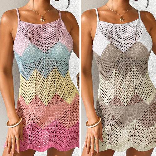 Women'S Colorblock Hollow Out Dress Casual Sleeveless Knit