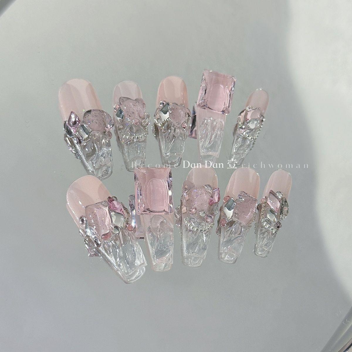 冰透粉钻|少女仙女风纯手工穿戴甲纯欲风高级感显白可拆卸美甲007