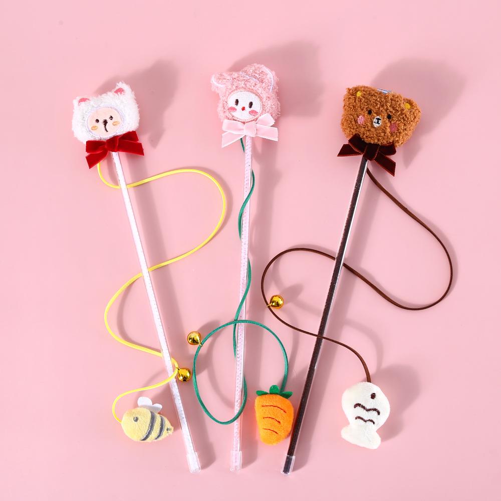 宠物猫咪毛绒卡通发声铃铛逗猫棒可爱熊兔子萝卜新年训练互动玩具