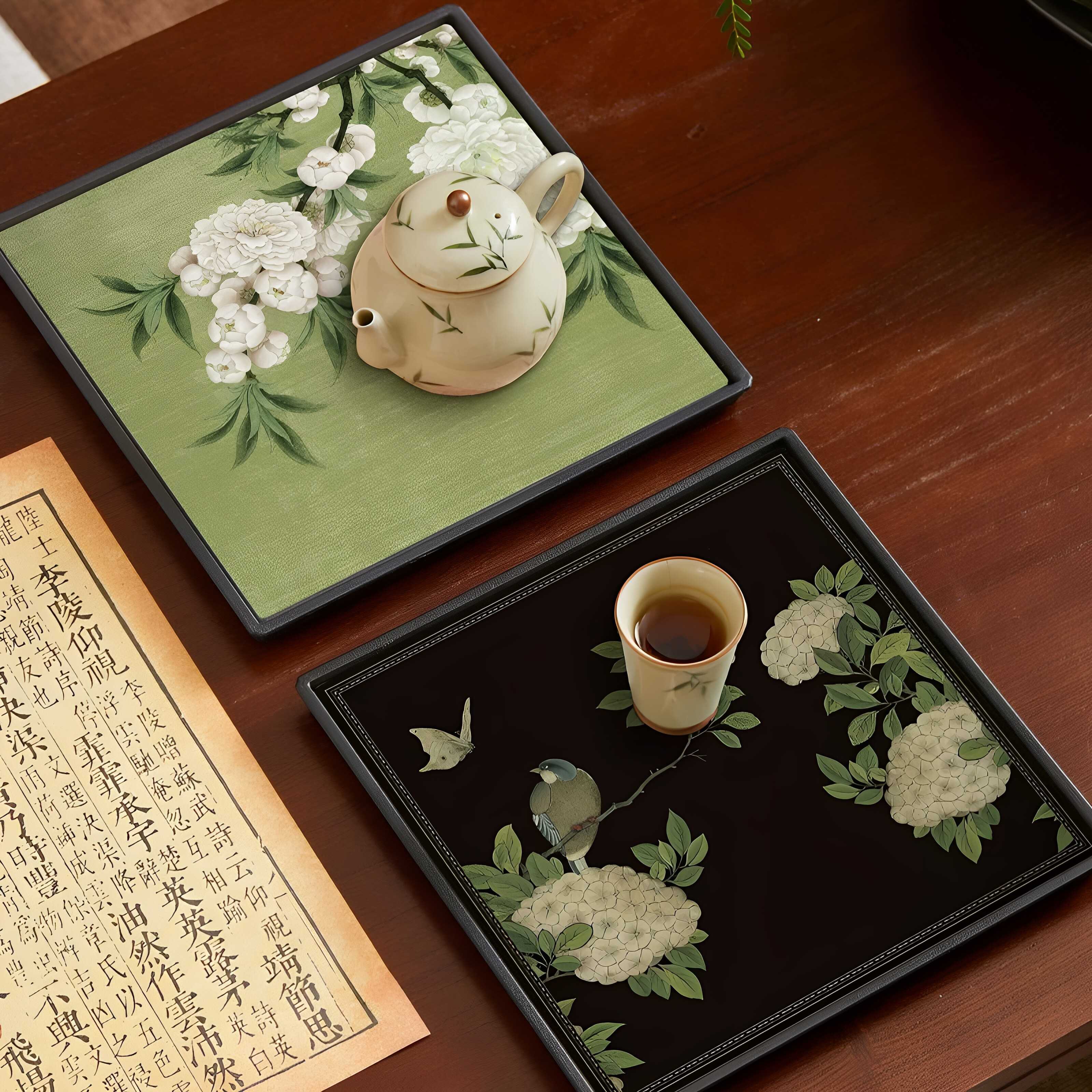 新中式四方干泡台茶盘国风正方形吸水茶托盘创意壶承沥水茶具茶台