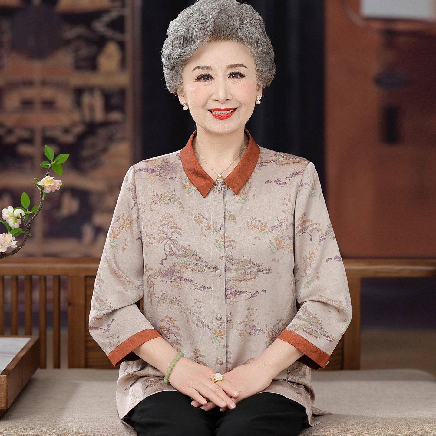 国风中老年人衬衫女开衫夏装桑蚕丝100%套装奶奶真丝翻领上衣薄款