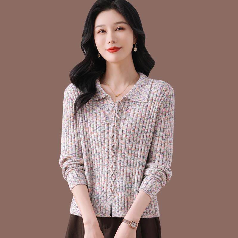 翻领系带针织衫女羊毛上衣春季2025新款短款花线洋派打底毛衣春秋