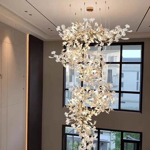 复式楼大吊灯loft楼梯灯银杏叶艺术灯轻奢别墅挑空设计师非标灯具