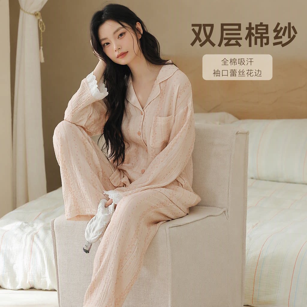 浪莎女款睡衣纯棉全棉吸汗家居服