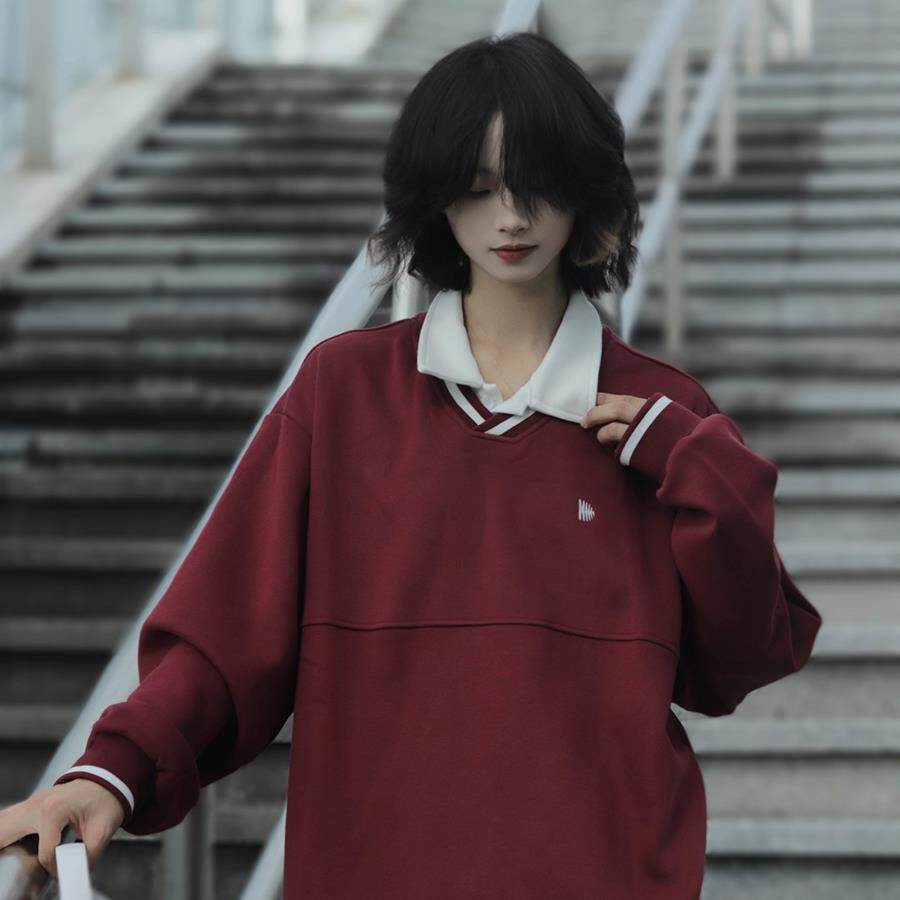 牧游昏昏 新年加绒宽松polo衫长袖假两件正肩翻领套头卫衣男女