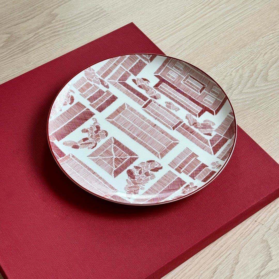 瓷器中式红色建筑条纹图案陶瓷餐盘家用餐具套装乔迁新婚喜庆礼物
