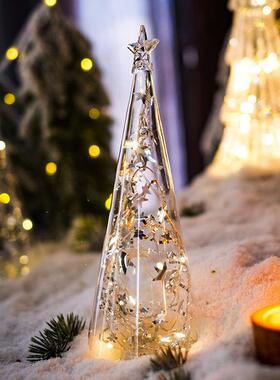 掬涵玻璃圣诞树桌面摆件装饰灯闪亮发光小夜灯商场橱窗场景布置