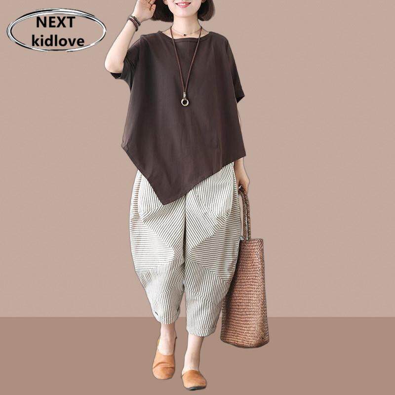 香港夏装蝙蝠袖T恤哈伦裤套装女设计感不对称上衣休闲 裤两件套潮