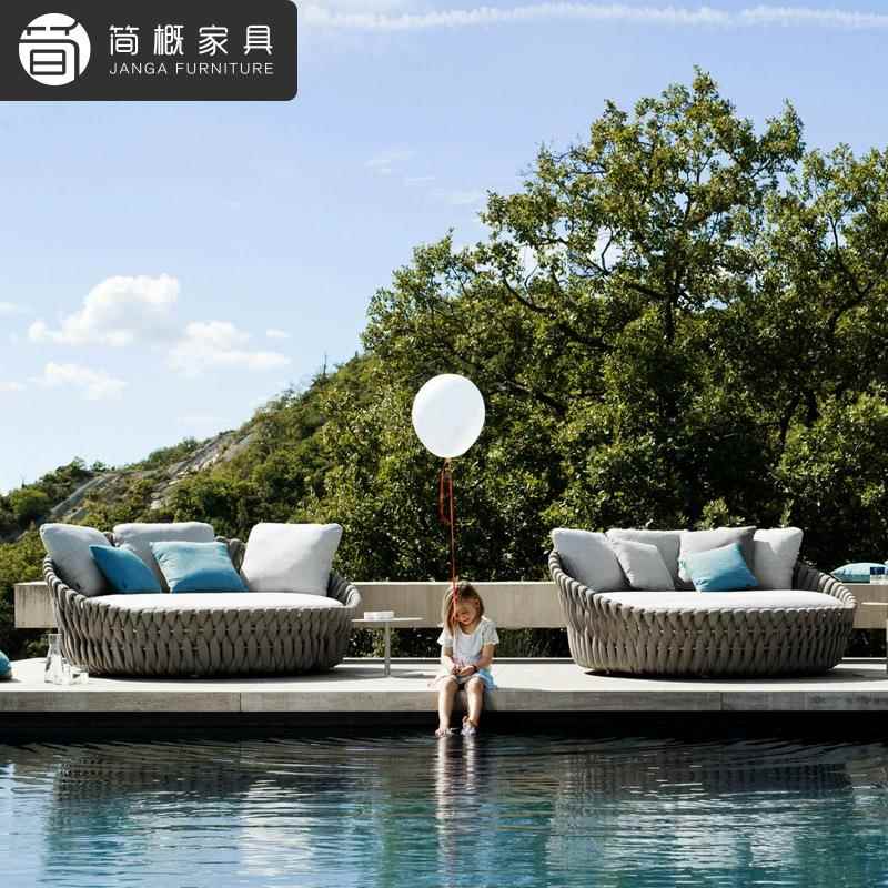 户外别墅泳床池444藤编躺庭酒防店花园院躺椅水防晒懒人沙发圆床
