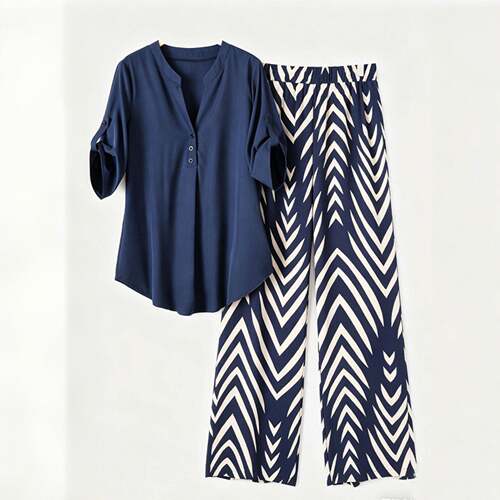 Plus Size Women's Two-Piece Set V-Neck Open Front Button