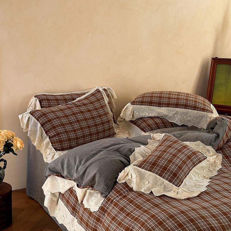 复古法式格子色织纯棉双层纱四件套柔软花边全棉英伦格被套床单++