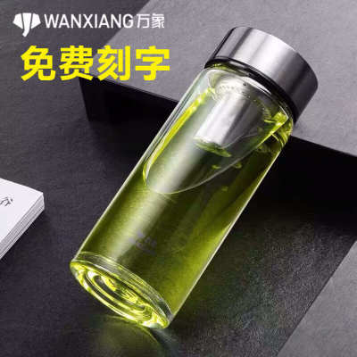 万象玻璃杯单层大容量泡茶水杯男士车载带盖茶杯便携玻璃杯子刻字