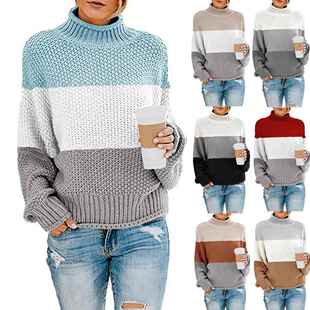 Sweater Knitwear Women's Coarse Thread Color blocked High