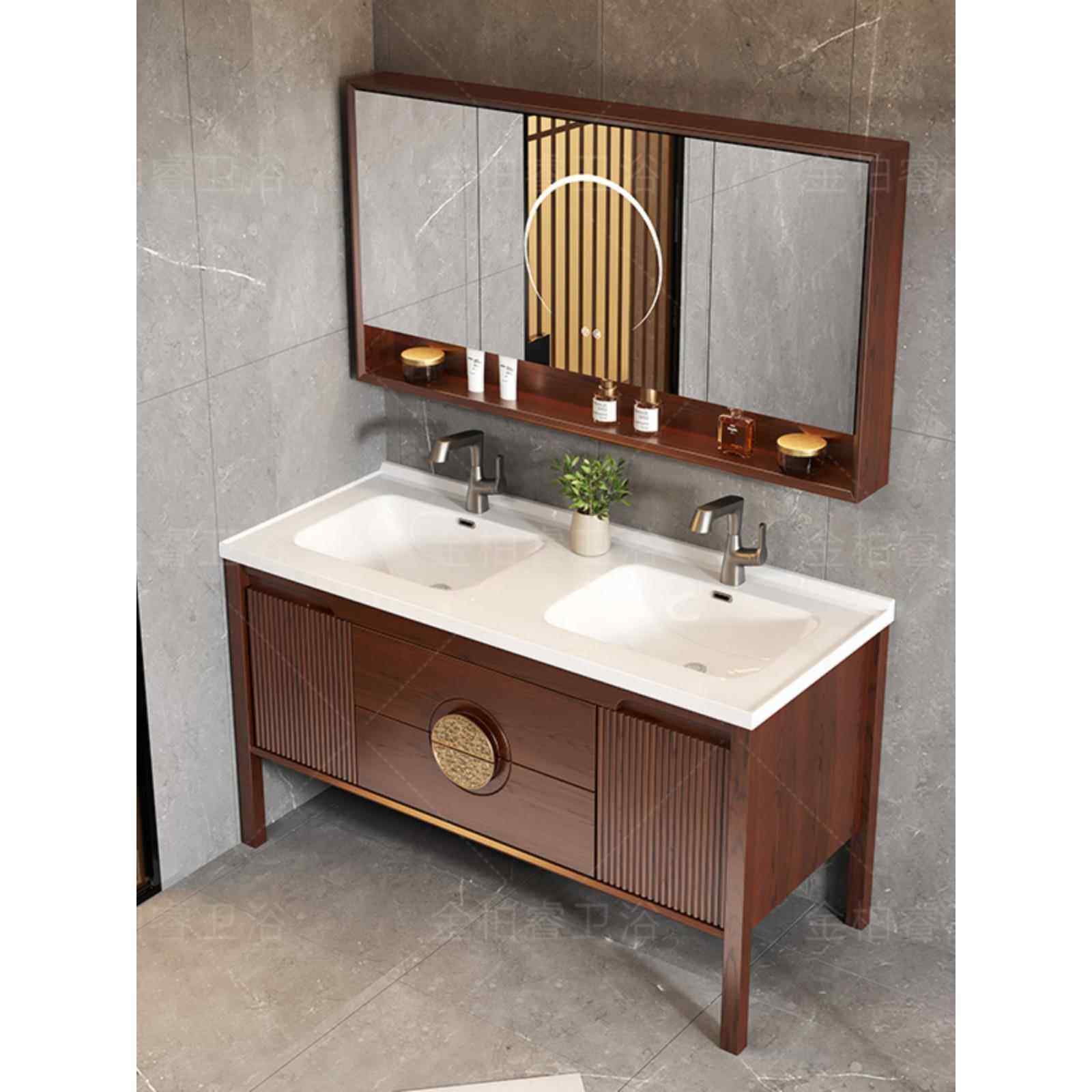 中式橡木浴室柜陶瓷一体盆2025新款落地式乌金木双盆洗手盆柜组合
