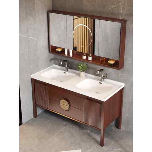 中式橡木浴室柜陶瓷一体盆2025新款落地式乌金木双盆洗手盆柜组合