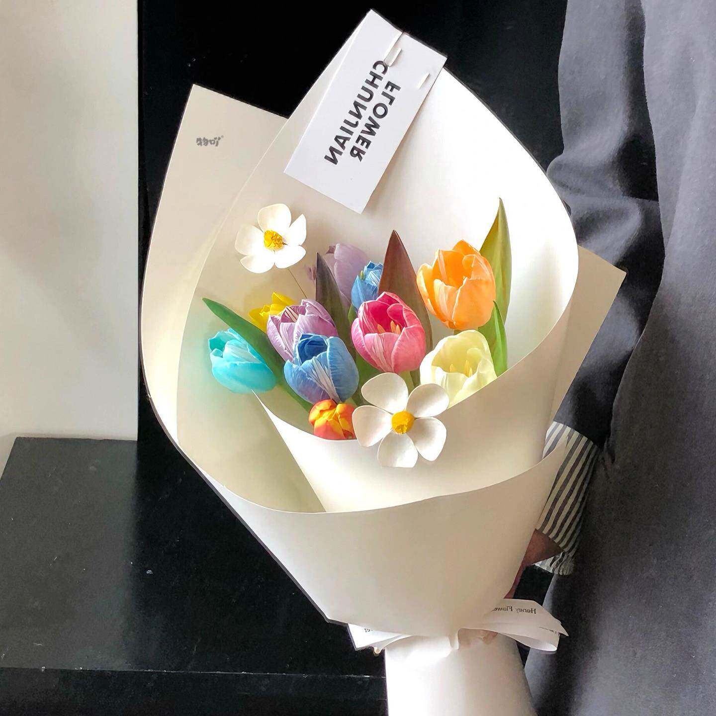 简约小众高级彩色郁金香花束成品仿真花假花花束生日礼物送女朋友